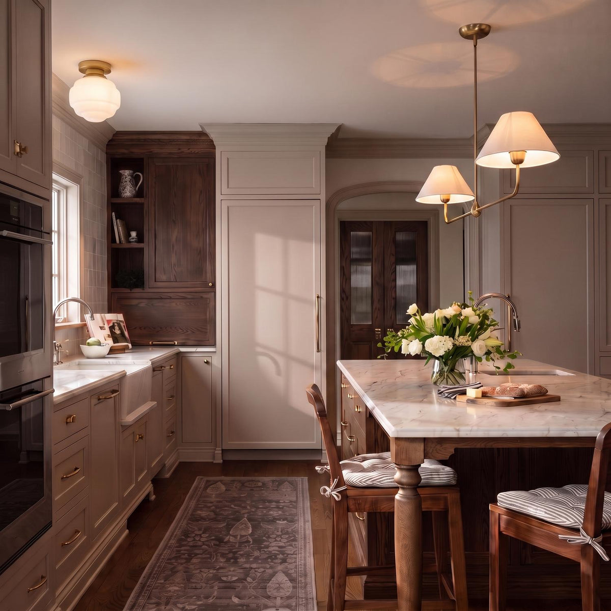 A transitional kitchen with the Holden 2 Shade Linear Pendant 57", Aged Brass featuring linen shades suspended over a white marble island with beige cabinetry - the Irving Small Flush Mount in Satin Brass is above the sink.