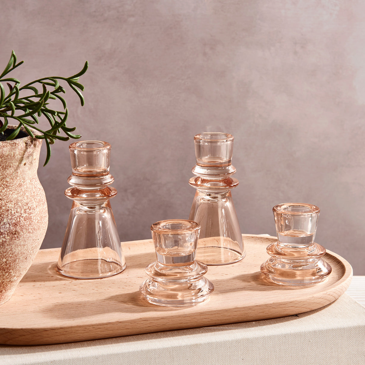 Millie Glass Taper Candle Holders, Set of 4, Blush