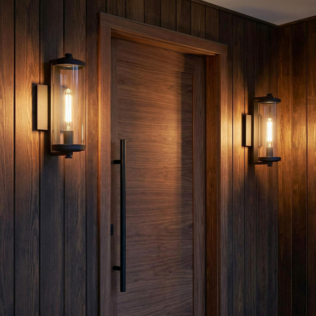 Hamilton Matte Black geometric outdoor wall light in a Modern Entryway with dark wood paneling and a black door handle.