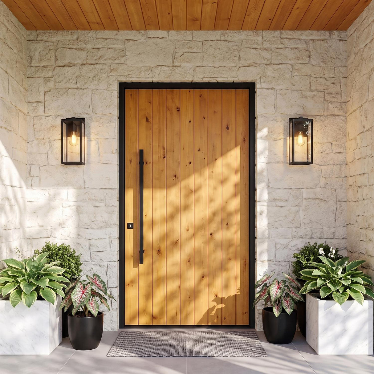 A modern farmhouse entry with two matte black Colin Outdoor Wall Light, Small lanterns flanking a wood door on white stone with potted hostas at dusk.