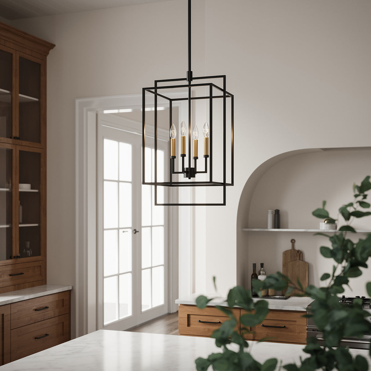 Noa 4 Light Pendant 13", Matte Black with Aged Brass
