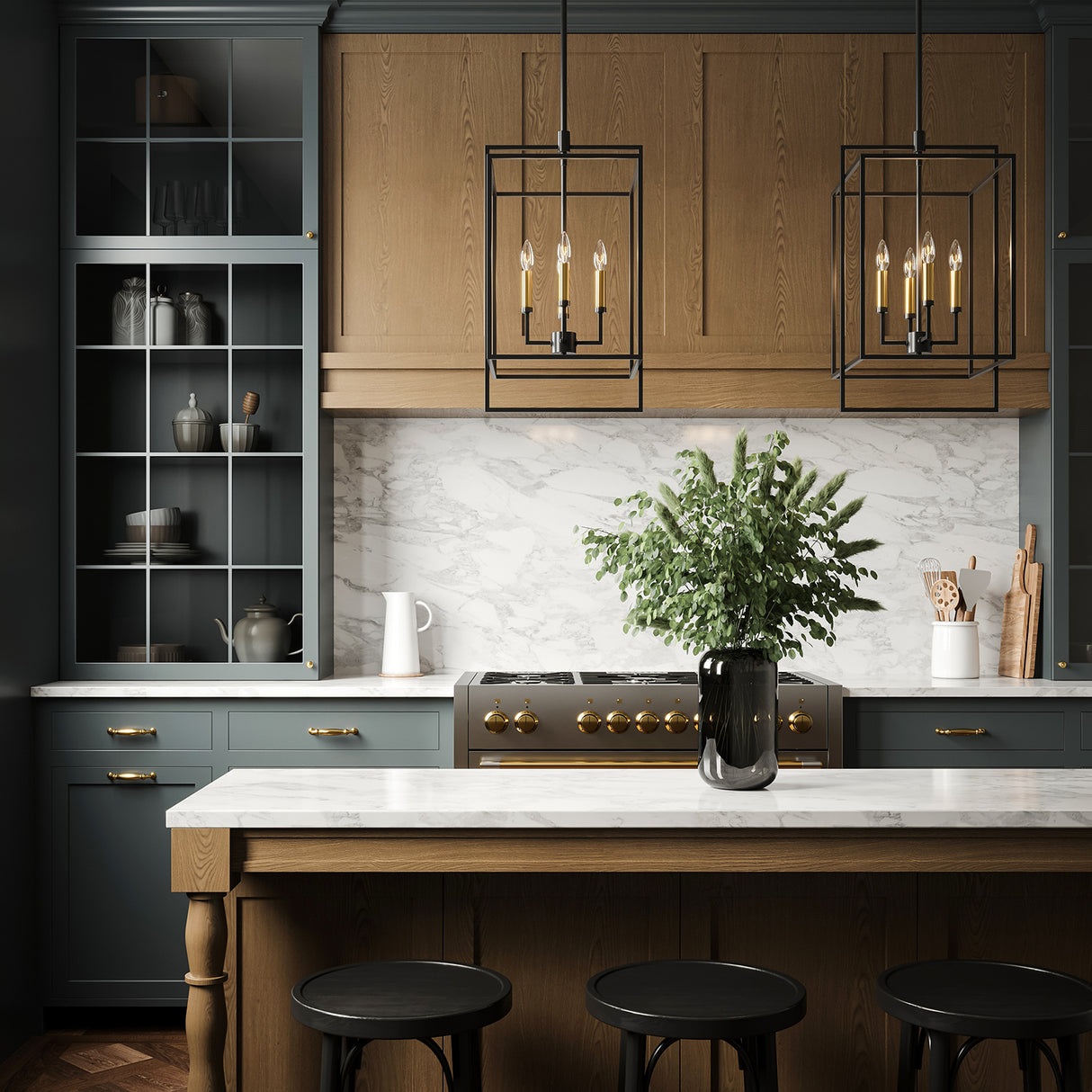 Noa 4 Light Pendant 13", Matte Black with Aged Brass