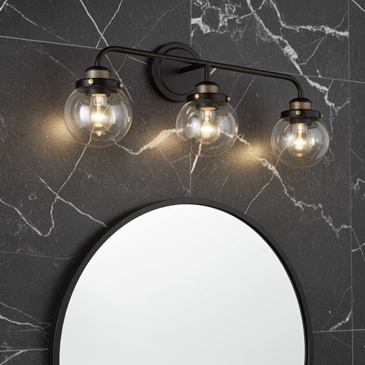 Joel 3 Light Vanity, Matte Black and Aged Brass for Modern home with Dark Gray Marble