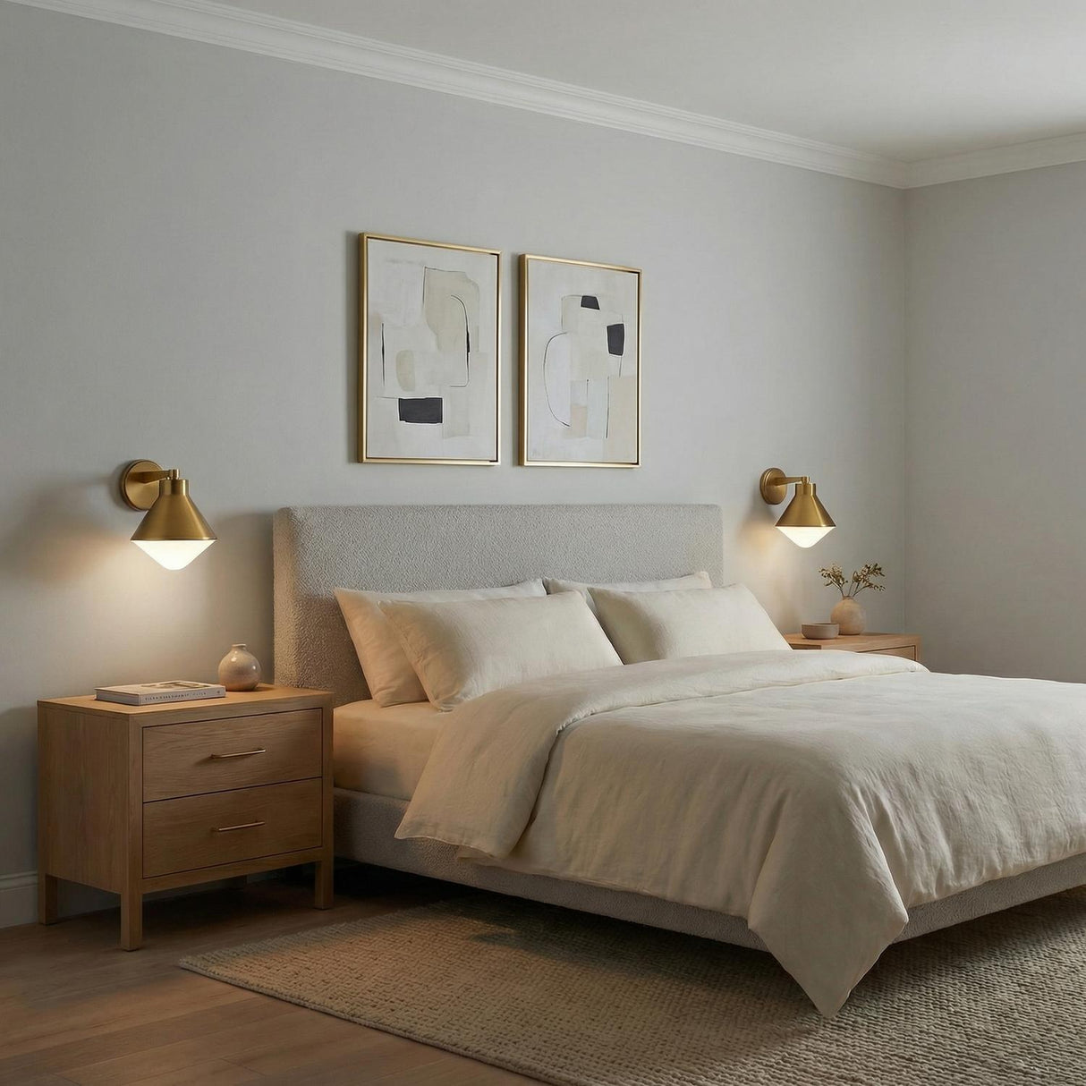 Andie Wall Sconce, Aged Brass geometric wall sconce in a Modern Bedroom with light oak nightstands and a grey bouclé headboard.