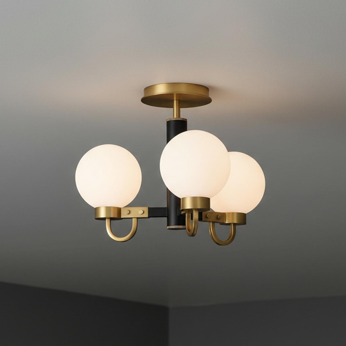 Ryan 3 Light Semi-Flush 18", Matte Black and Aged Brass