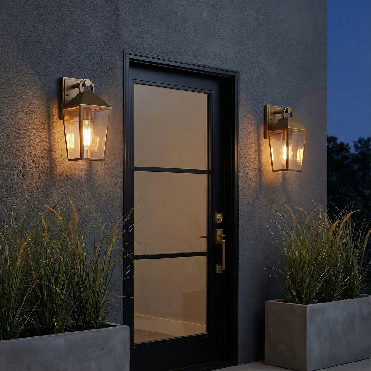 Cole Outdoor Wall Light, Small 13" Burnished Brass geometric Outdoor Wall Light in a Transitional Outdoor with dark textured wall & concrete planters.