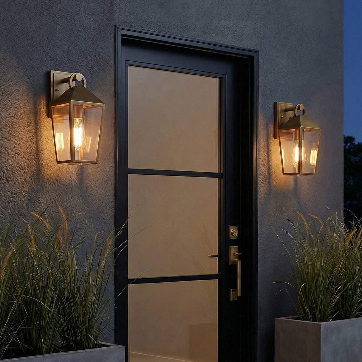 Cole Outdoor Wall Light, Small 13" Burnished Brass geometric Outdoor Wall Light in a Transitional Outdoor with dark textured wall & concrete planters.