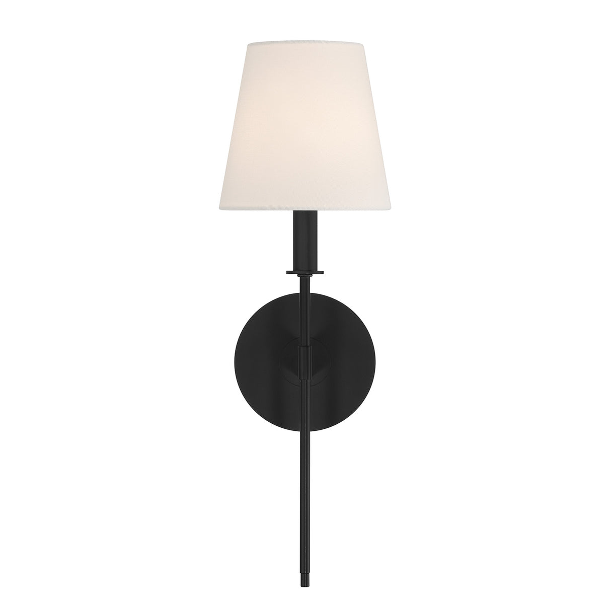 Taylor 19" Wall Sconce, Matte Black with White Fabric Shade, front view with light on