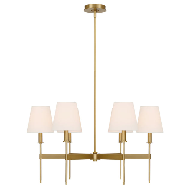 Taylor 6 Light 30" Round Chandelier, Aged Brass with White Fabric Shades, front view with lights on