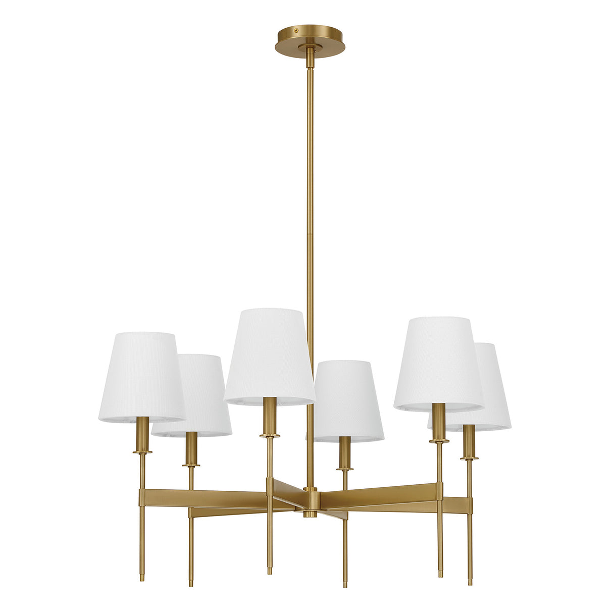 Taylor 6 Light 30" Round Chandelier, Aged Brass with White Fabric Shades, alternate view, lights off