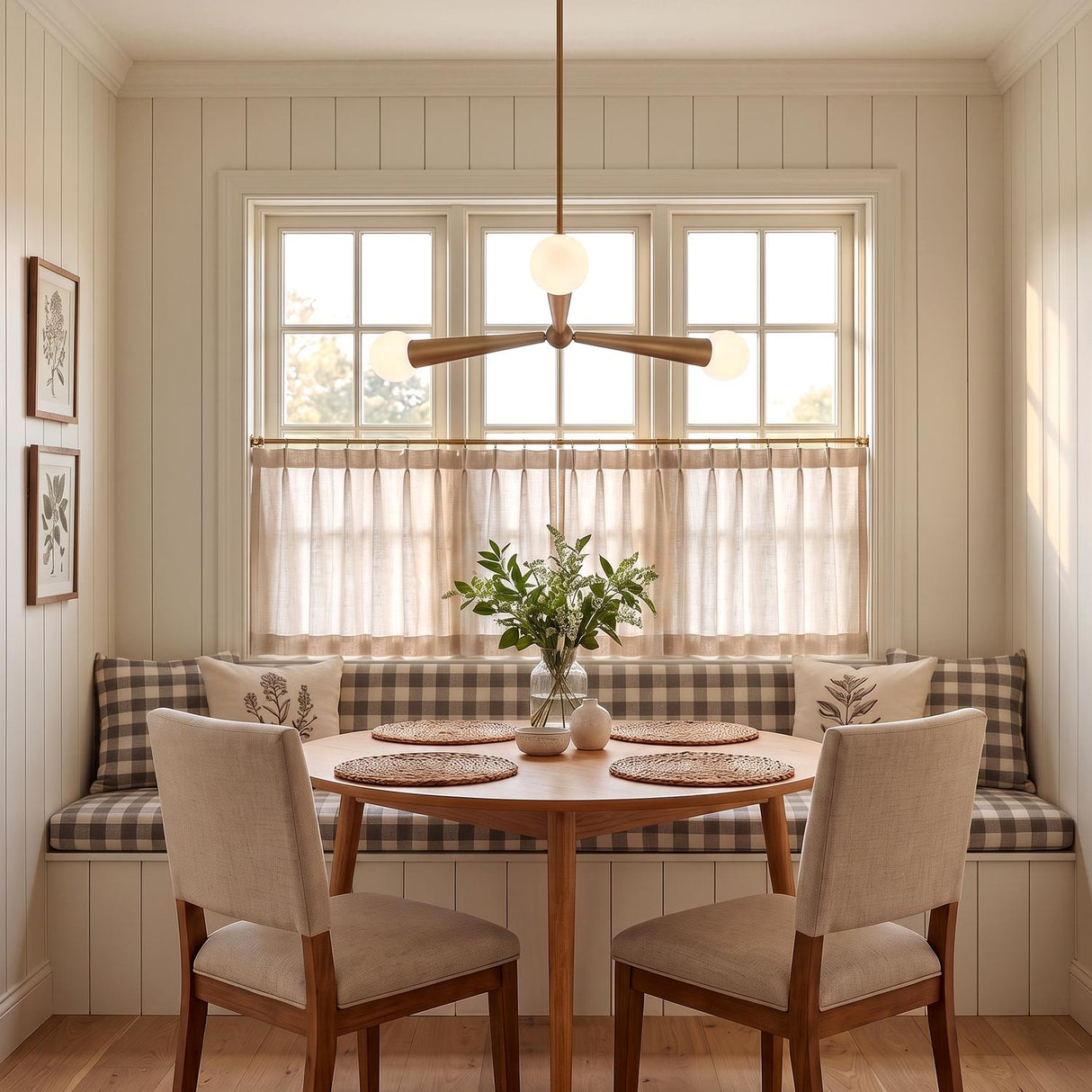A modern farmhouse dining nook featuring an aged brass three-light pendant over a round wood table with a gingham banquette and cream vertical shiplap walls.