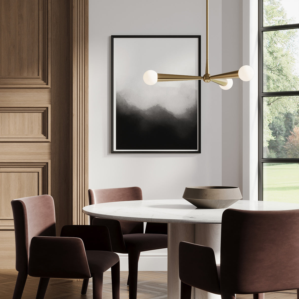 Nova 3 arm 30" diameter pendant light in aged brass gives a modern touch to this classic breakfast dining area.