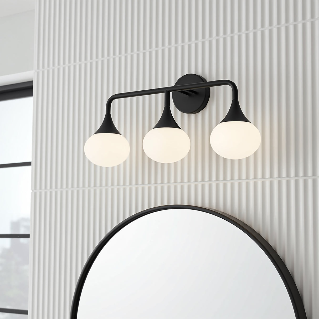 Talia 3 Light Vanity, Matte Black for Modern home with White Vertical Shiplap