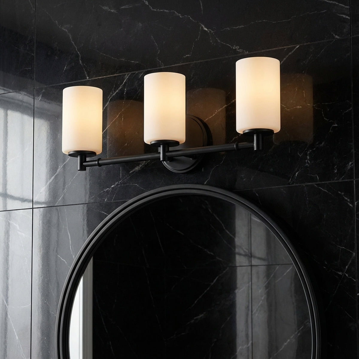 Becca 3 Light Vanity, Matte Black for Modern home with Black Marble