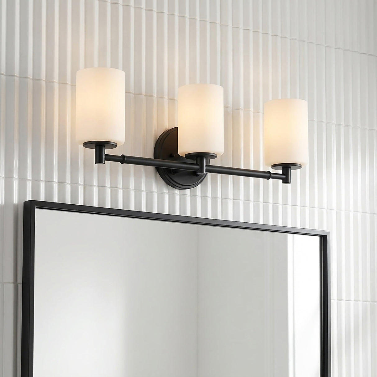 Becca 3 Light Vanity, Matte Black for Modern home with White Tile