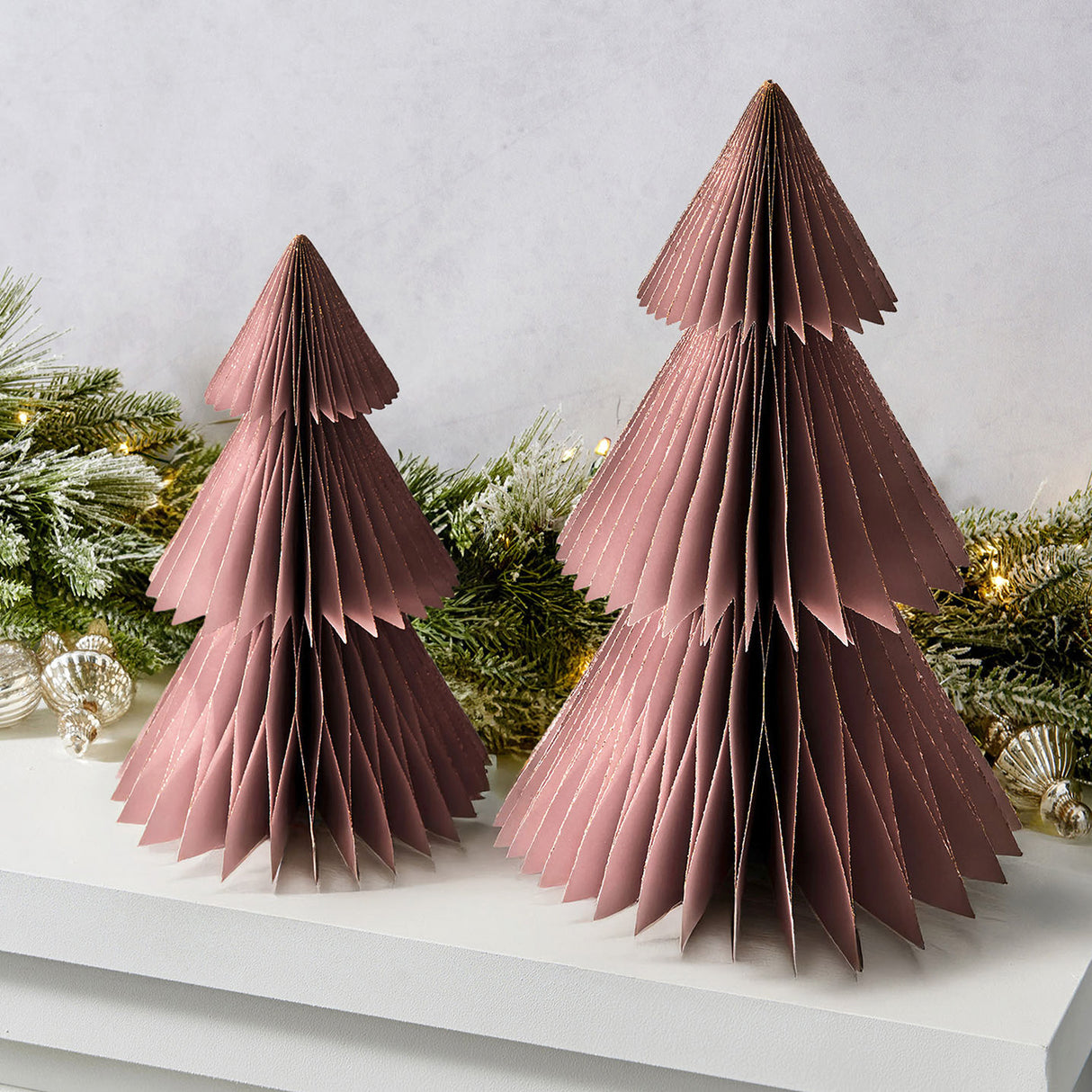 Pleated Paper Christmas Trees, Large Set of 2, Dusty Rose