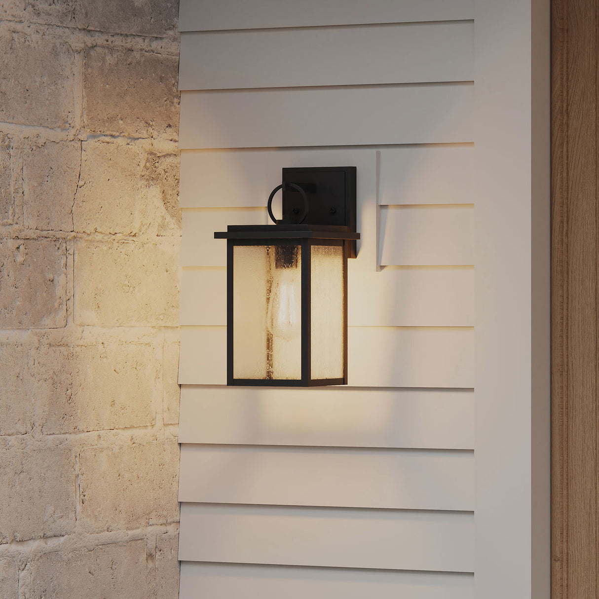 Paterson Outdoor Wall Light, Medium 15", Black and Seeded Glass