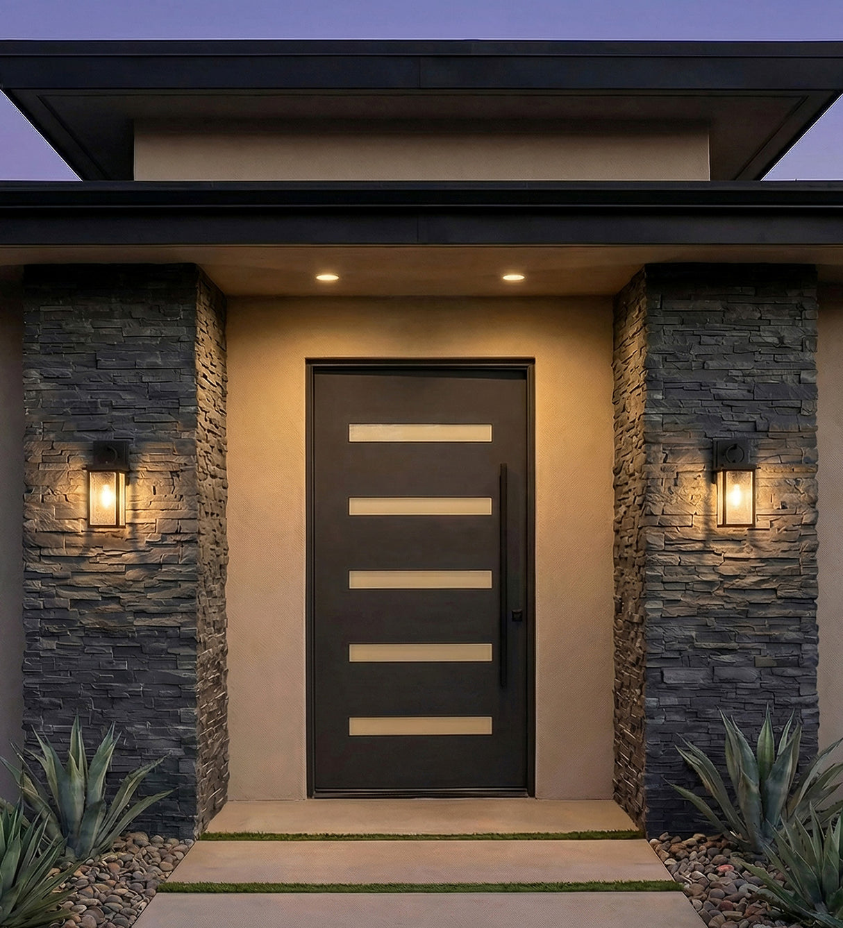 Paterson Outdoor Wall Light, Medium Matte Black geometric Outdoor Wall in a Modern Outdoor with stacked stone pillars and a black door.