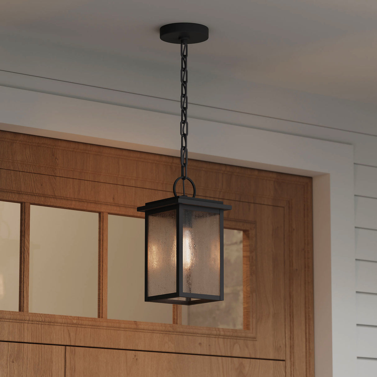 Paterson Outdoor Hanging Light, Medium 15", Black and Seeded Glass