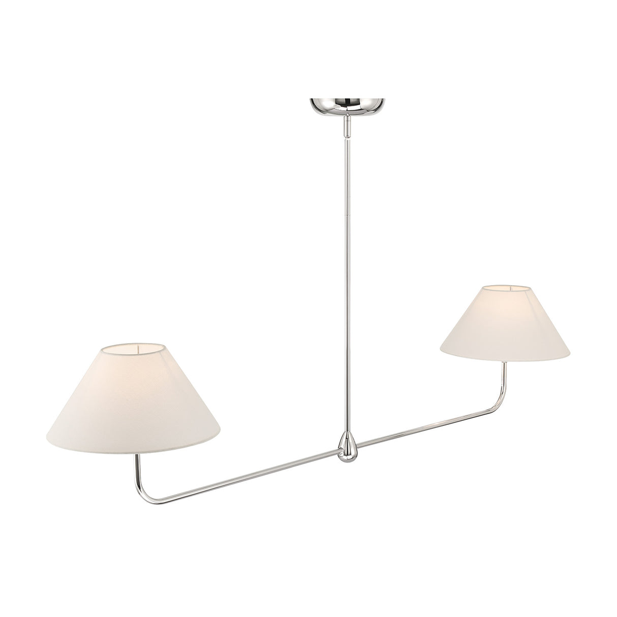 Holden 2 Shade Linear 57" Pendant, Polished Nickel with White Fabric Shades, from above, lights on