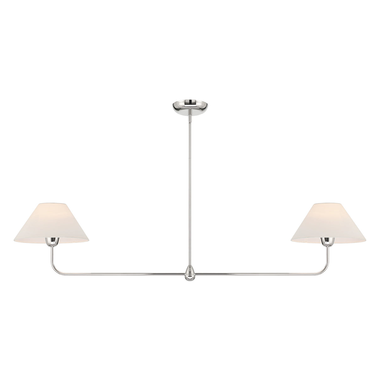 Holden 2 Shade Linear 57" Pendant, Polished Nickel with White Fabric Shades, front view lights on