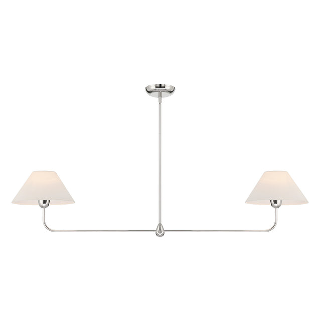 Holden 2 Shade Linear 57" Pendant, Polished Nickel with White Fabric Shades, front view lights on