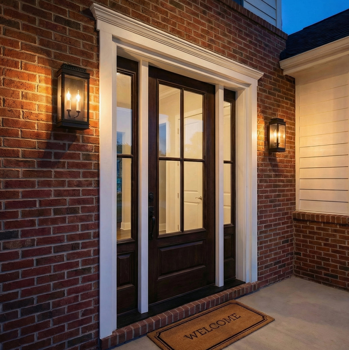 Brighton Outdoor Wall Light, Black geometric Outdoor Wall Light in a Transitional Outdoor with a brick facade and dark wood door.