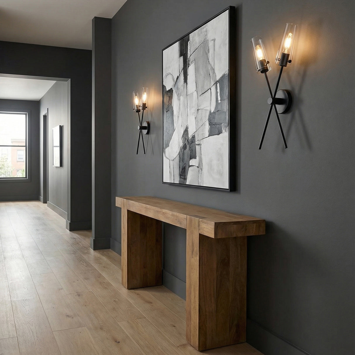 Mason 2 Light Wall Sconce Matte Black geometric Wall Sconce in a Modern Entryway with a rustic wood console table.