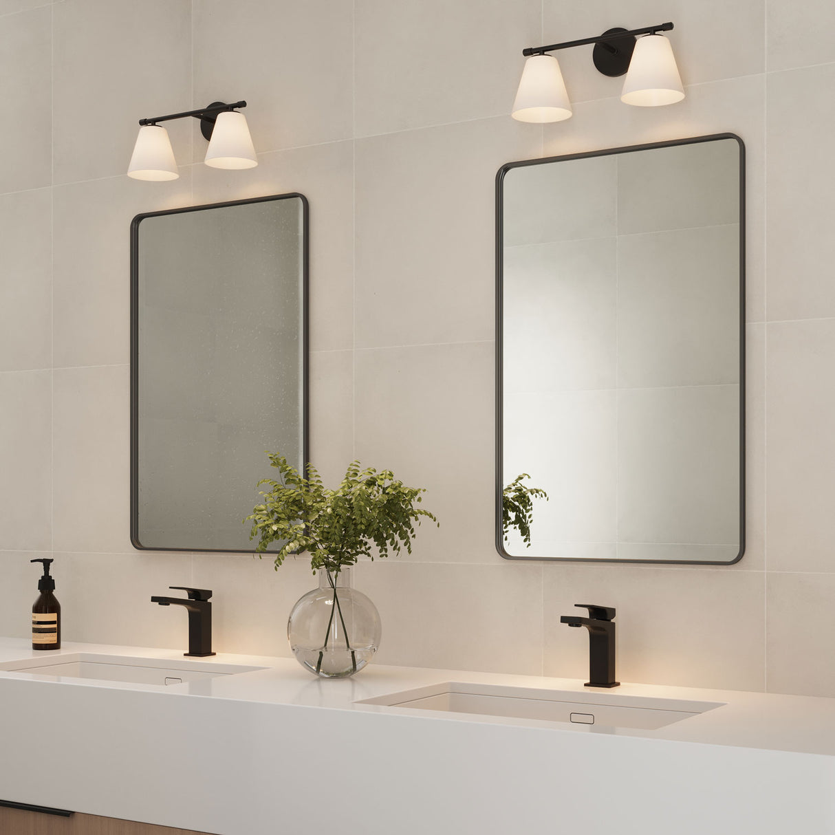 Carlisle 2 Light Vanity Wall Light, Matte Black with Opal Glass