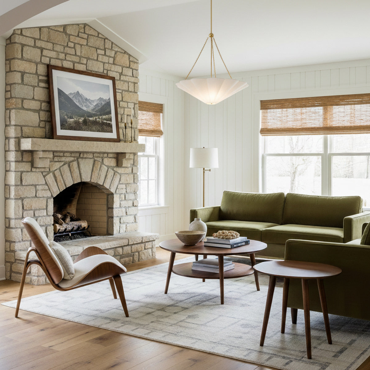 Liza Linen Pendant 28", White and Aged Brass for Modern Farmhouse home with White Wood