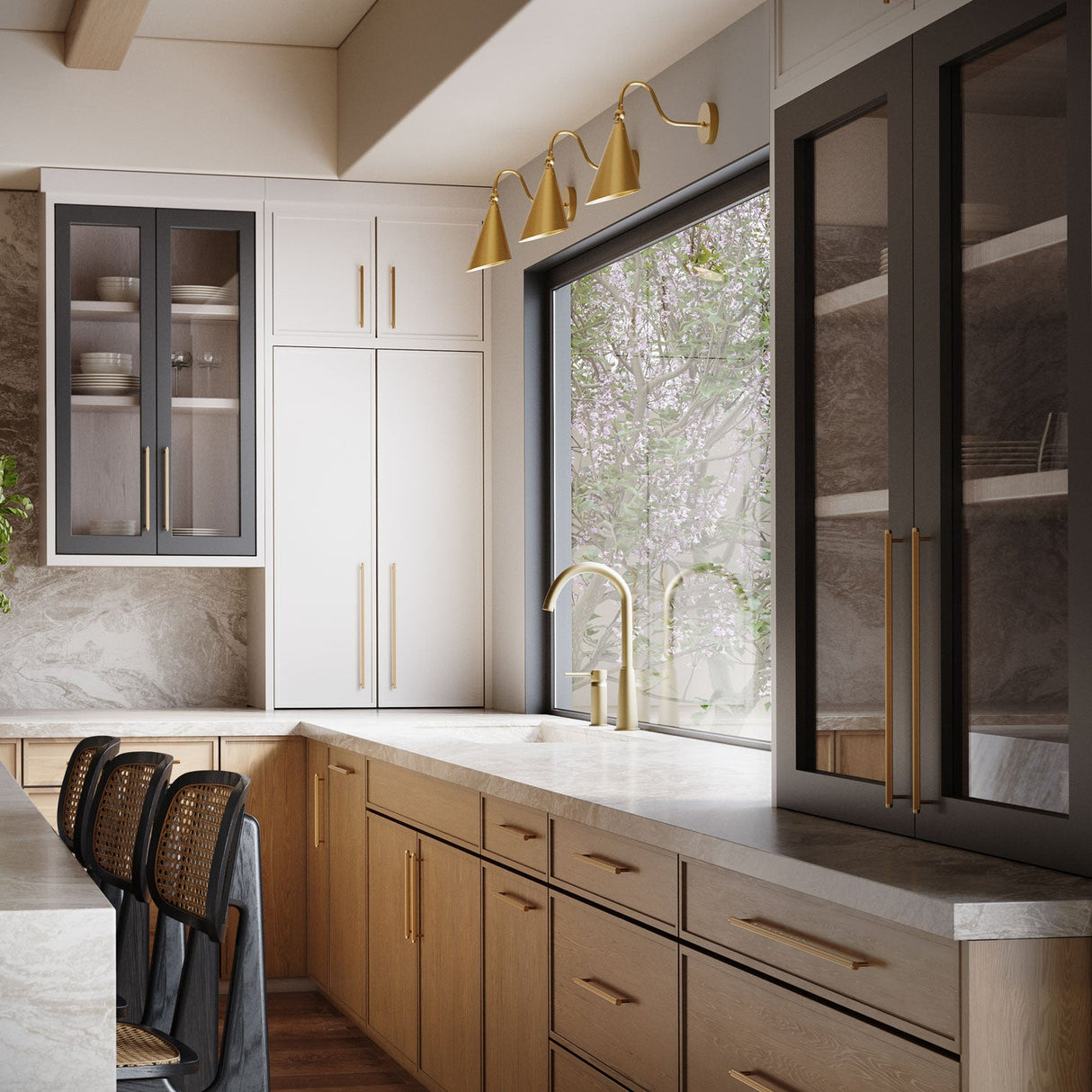 Three Faye Adjustable Aged Brass Metal Wall Sconces, with Gooseneck Curved Arms in Aged Brass are shown above a large window and kitchen sink in a modern home.