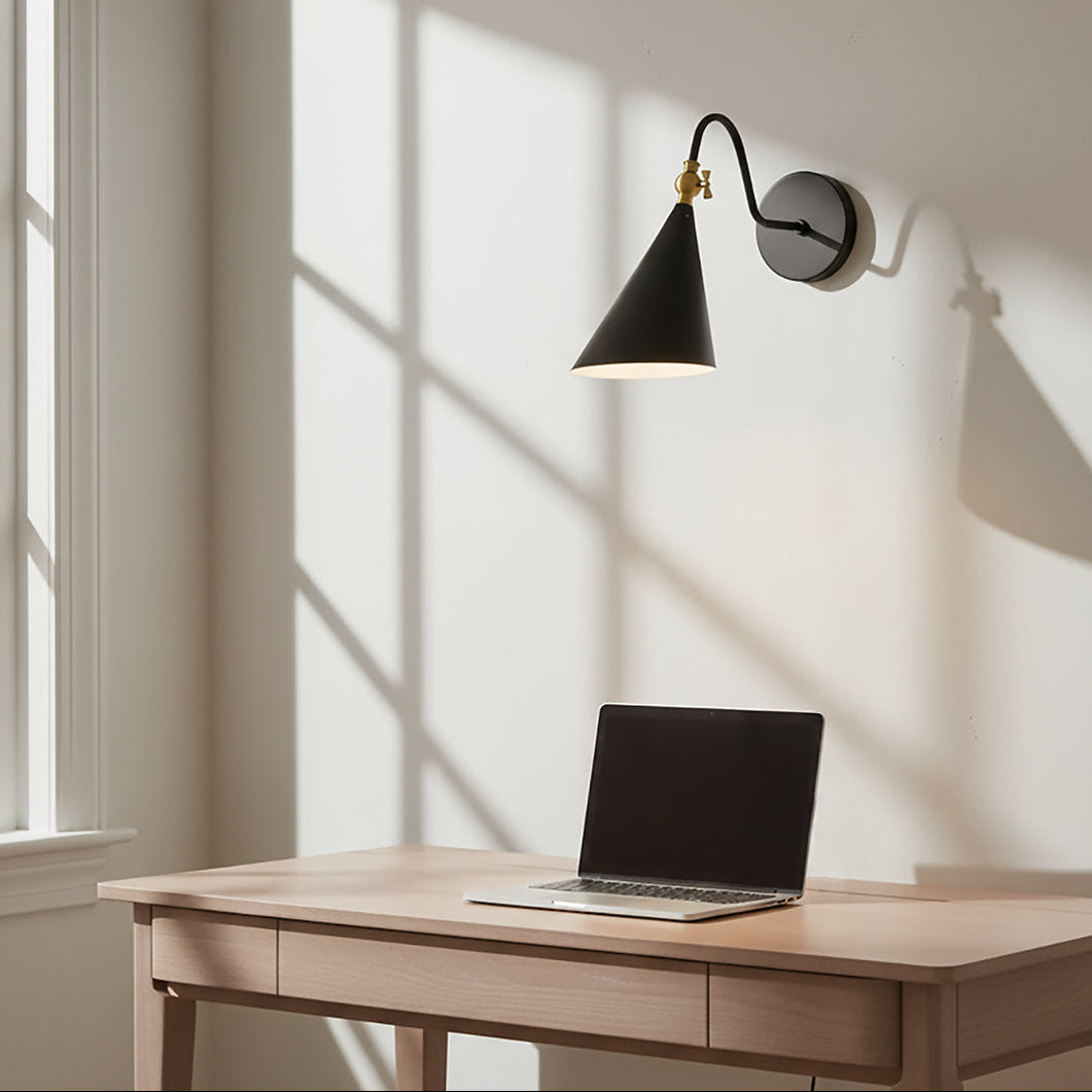 Faye Adjustable Metal Wall Sconce, Black with Aged Brass for Modern home with White Walls