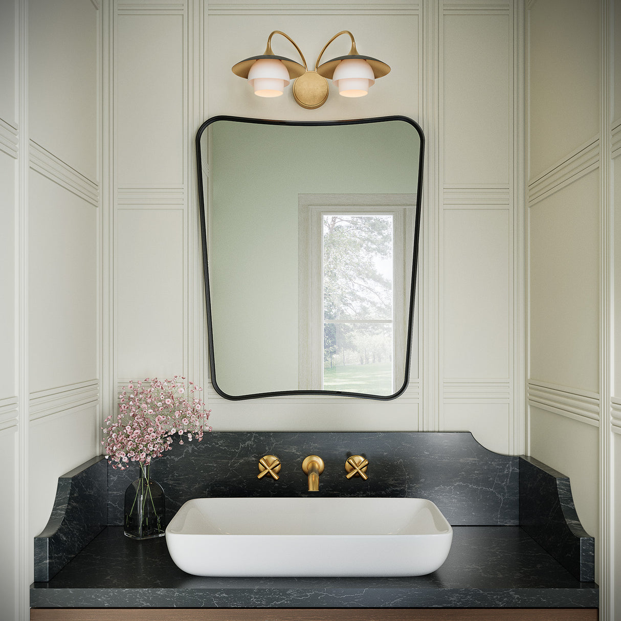 Wren 2 Light Wall Sconce, Matte Black and Aged Brass