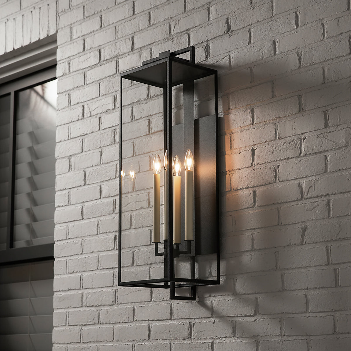 Everett Outdoor Wall Light, Extra Large, Forged Iron Black for Modern Farmhouse home with White Brick