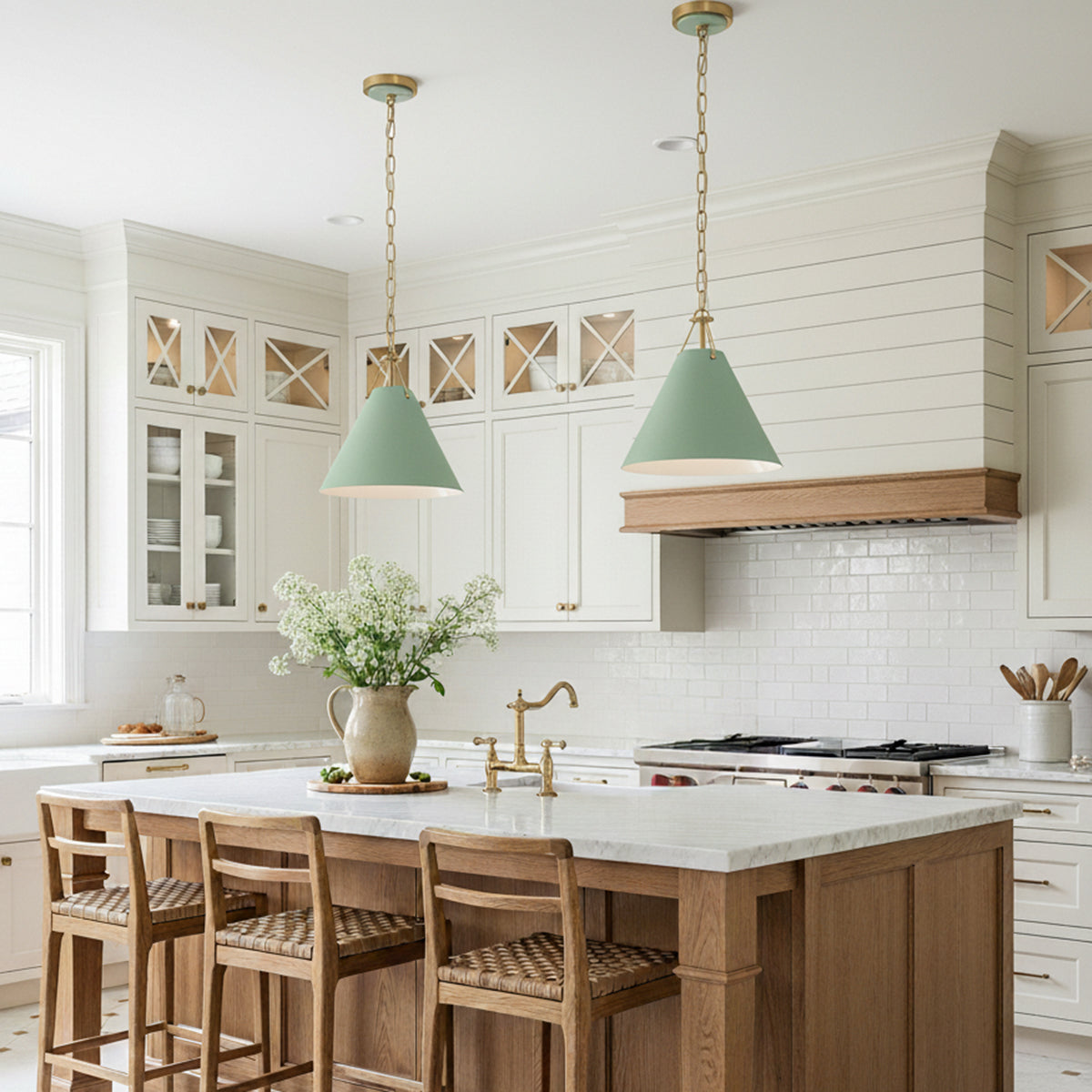 Bowie Small Metal Pendant 12", Sage Green and Brass for Modern Farmhouse home with White Shiplap