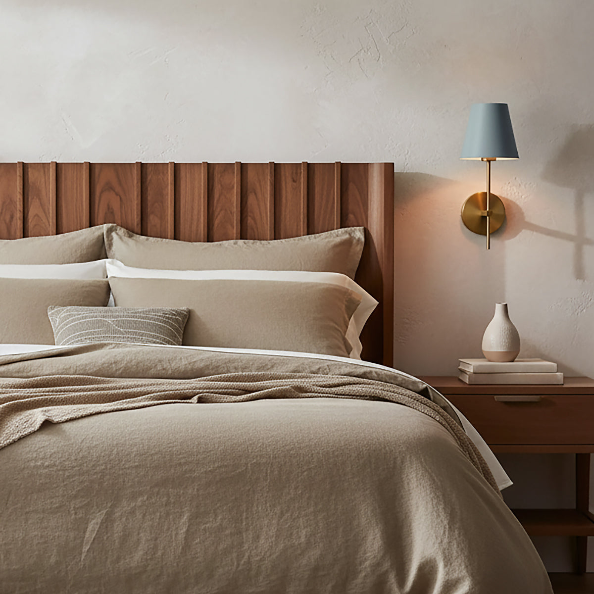 Banks Wall Sconce, French Blue and Brass for Mid-Century home with Wood Headboard