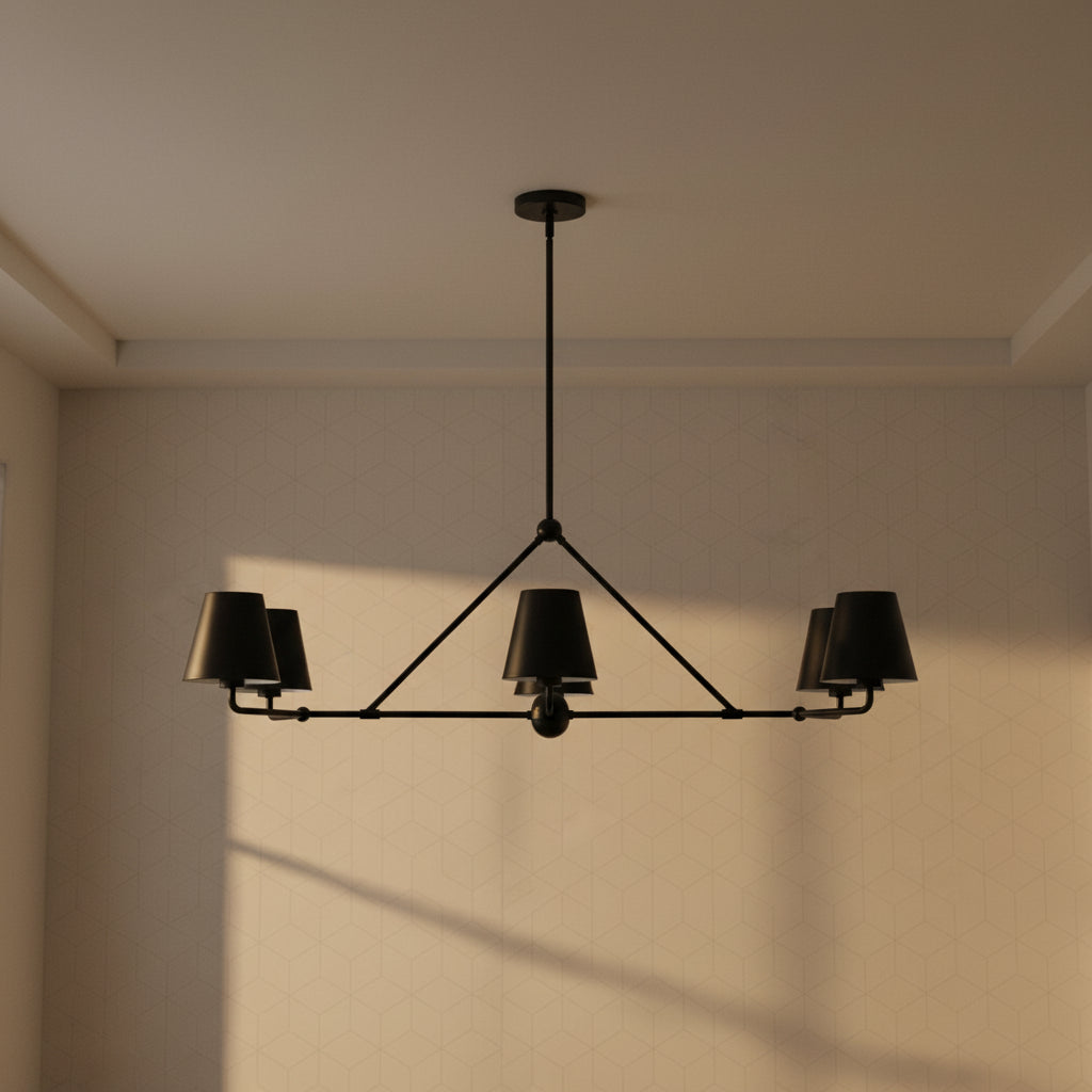 Banks 6 Light Linear Chandelier 46" for Modern home with Light Gray geometric wallpaper