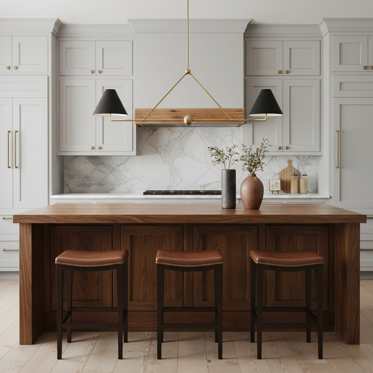 Banks 2 Shade Linear Pendant 54, Matte Black and Brass - A modern kitchen with a linear pendant light hanging over a wood island.