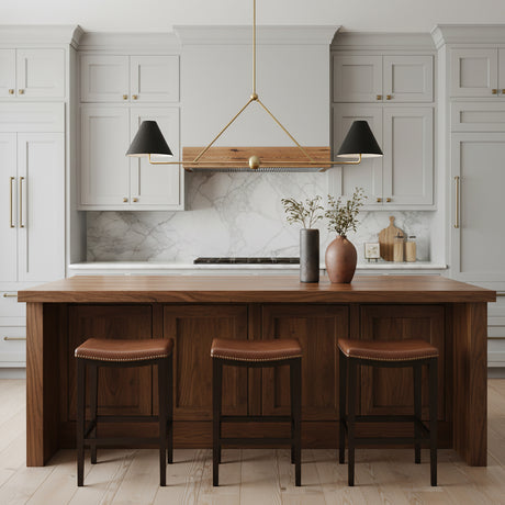 Banks 2 Shade Linear Pendant 54, Matte Black and Brass - A modern kitchen with a linear pendant light hanging over a wood island.