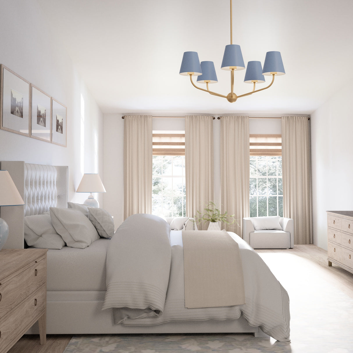 Banks 5 Light chandelier in French Blue and Brass finish is shown in a comfortable light and airy bedroom with light washed wood furniture and lush cream and white bedding.