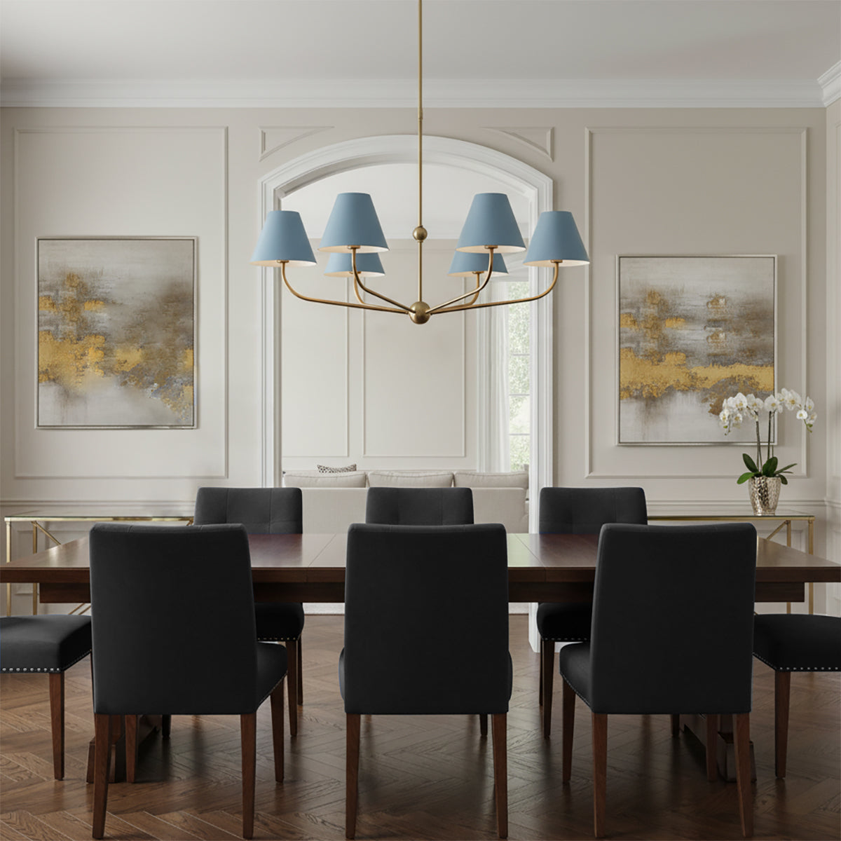 Banks 6 Light Chandelier 40, French Blue and Brass - Chandelier over dining table