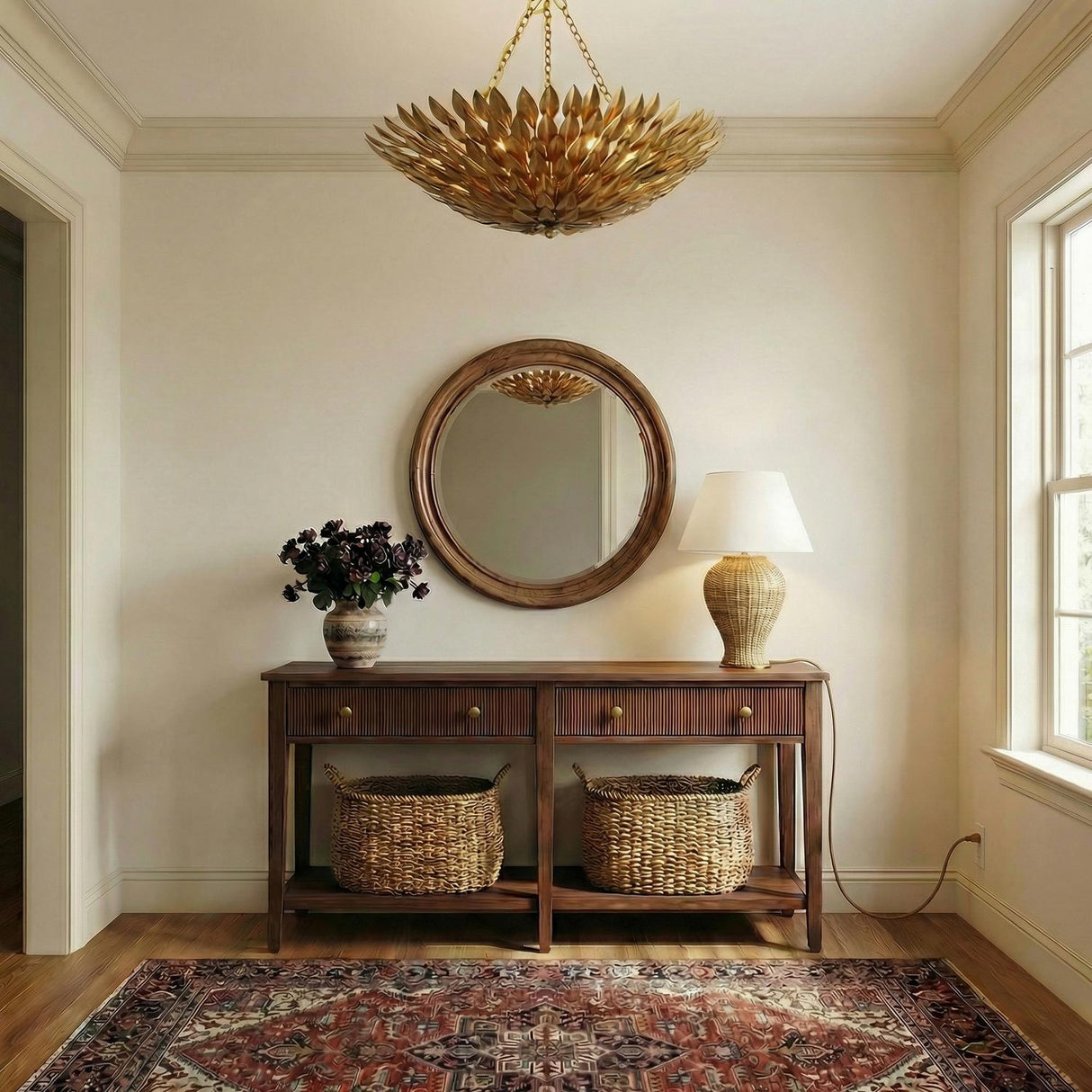 Alysa Antique Gold leaf design chandelier in a Transitional Entryway with a wooden console and patterned rug.