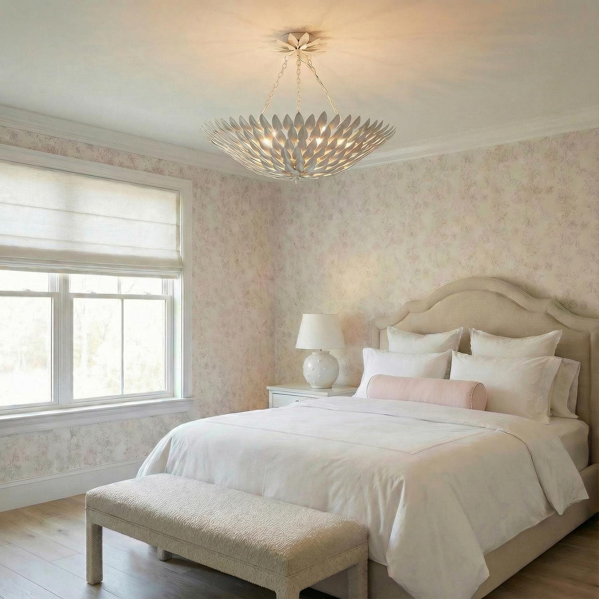 Alysa Semi-Flush 24", Matte White leaf design Chandelier in a Transitional Bedroom with an upholstered bed.