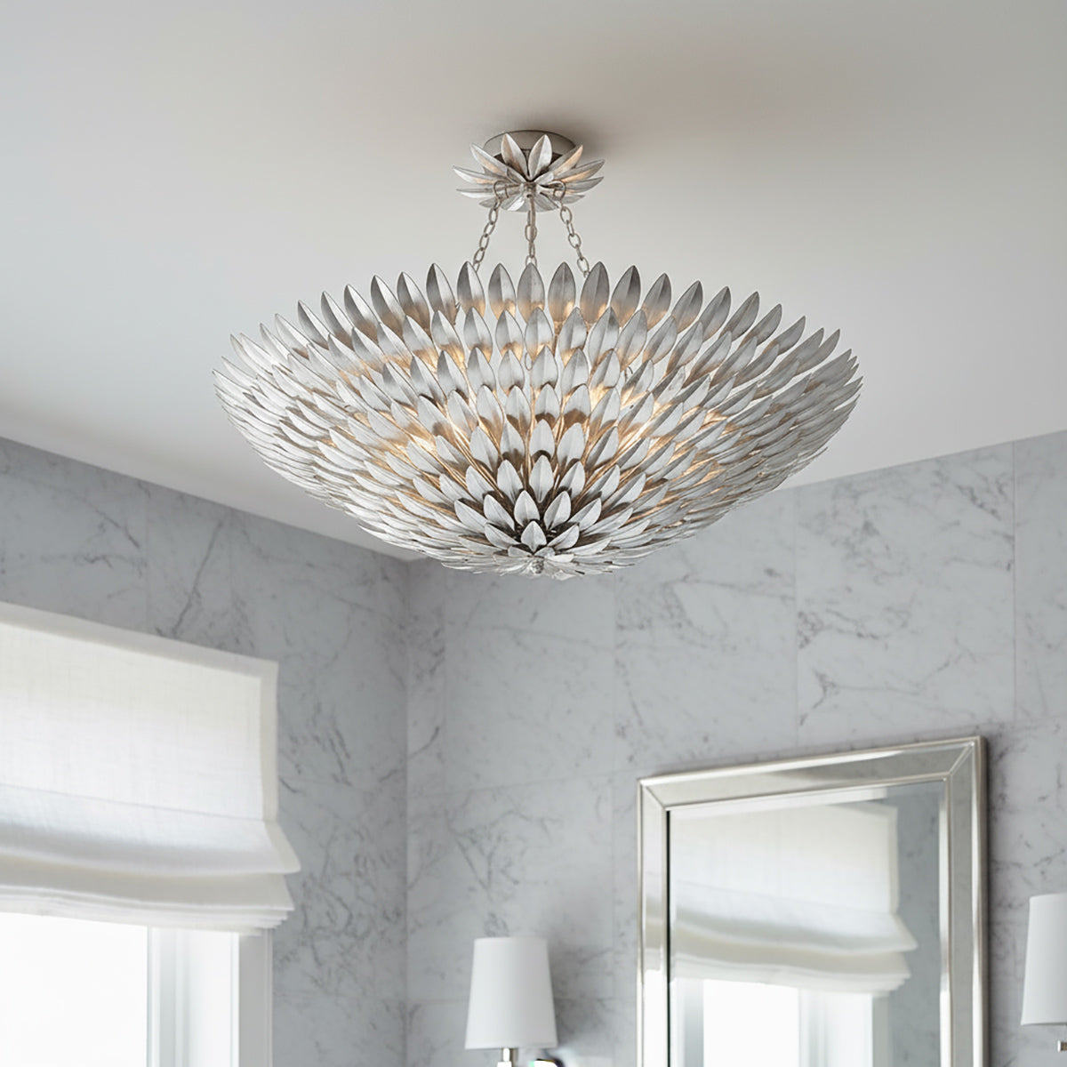 Alysa Semi-Flush 30" wide in Antique Silver shown in a contemporary home.