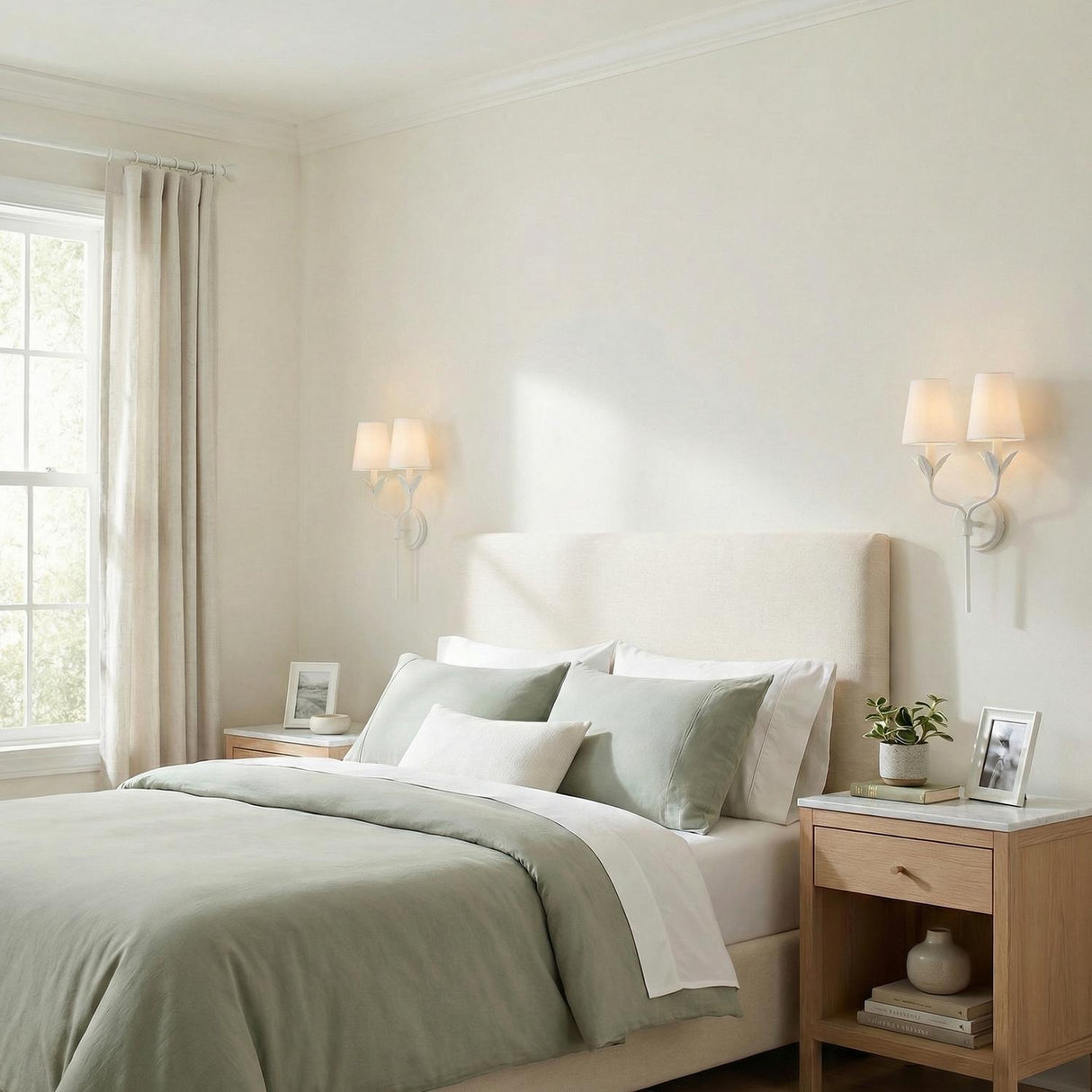 Alice Double Wall Sconce 21", Matte White leaf design Wall Sconce in a Transitional Bedroom with sage green bedding and beige headboard.