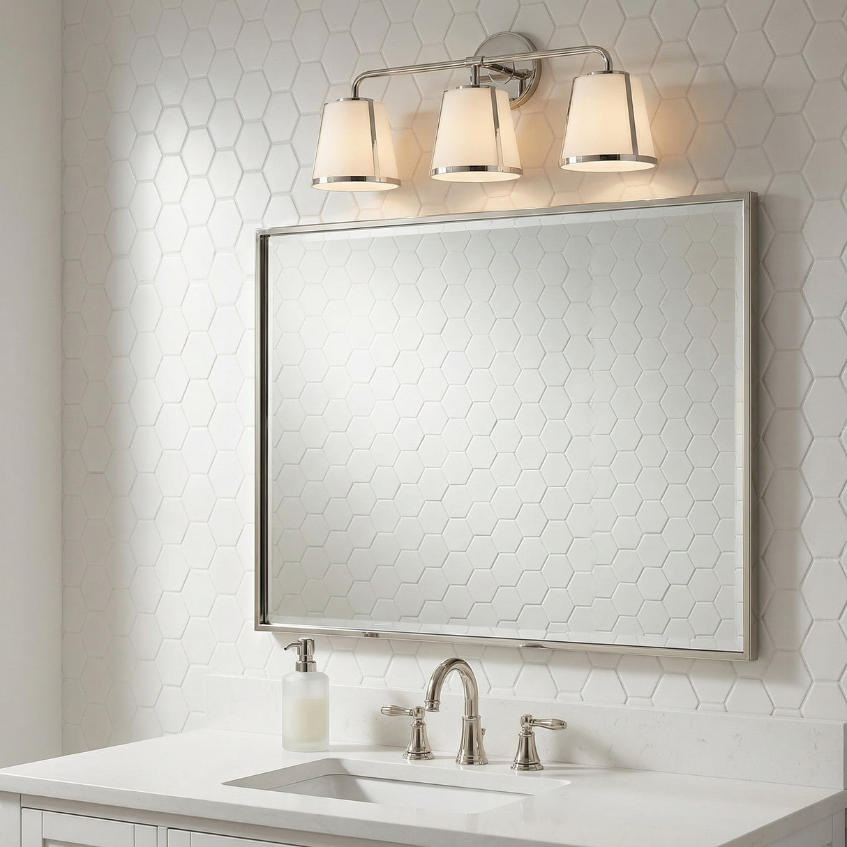 Hoyt 3 Light Vanity, Polished Nickel with Opal Glass for Modern home with White Tile