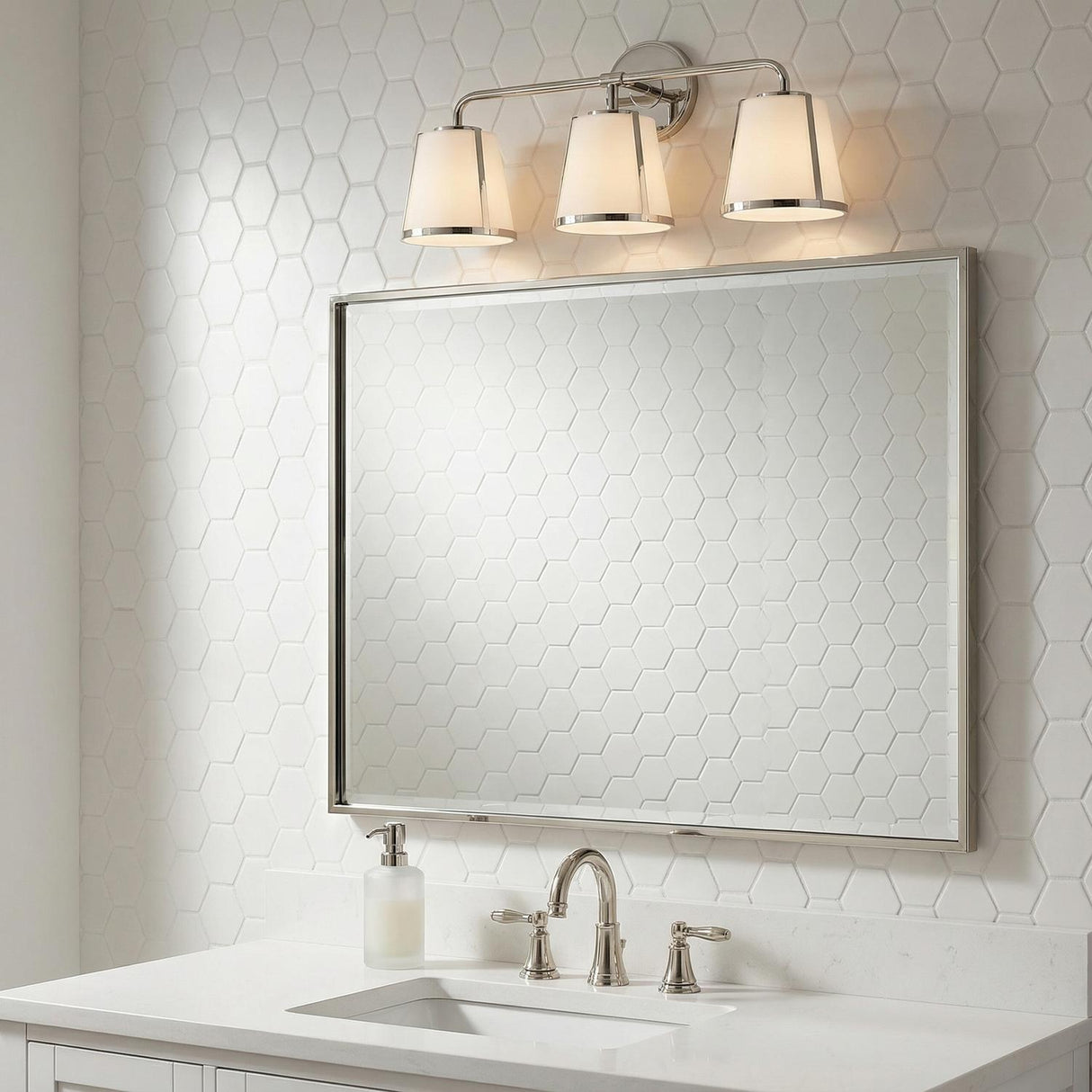 Hoyt 3 Light Vanity, Polished Nickel with Opal Glass for Modern home with White Tile