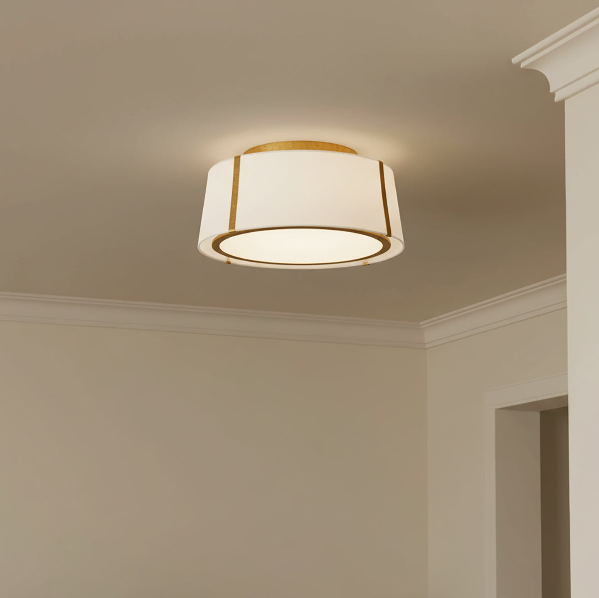 Hoyt Flush Mount 18" ceiling light, in Antique Gold finish with white fabric shade and opal glass diffuser.