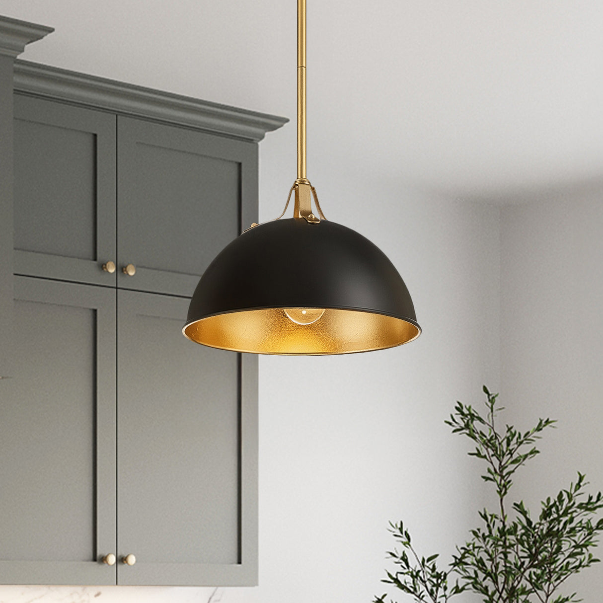 Grant Small Pendant 12", Black and Antique Gold interior, shown in a kitchen with green-grey cabinets.
