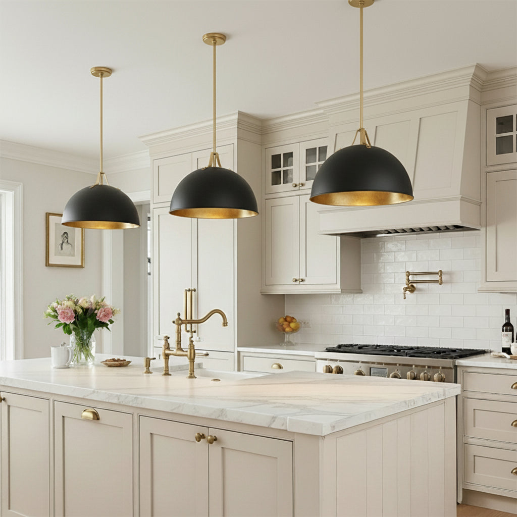 Grant Large Pendant 20", Black and Antique Gold for Modern Farmhouse home with Cream Shiplap